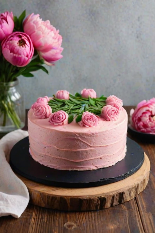 Create an image of a round cake with a smooth pink frosting. The top of the cake is adorned with fresh flowers, including pink peonies and small green leaves. The cake sits on a simple black cake board and is placed on a wooden table. The background should have a soft focus to highlight the cake.