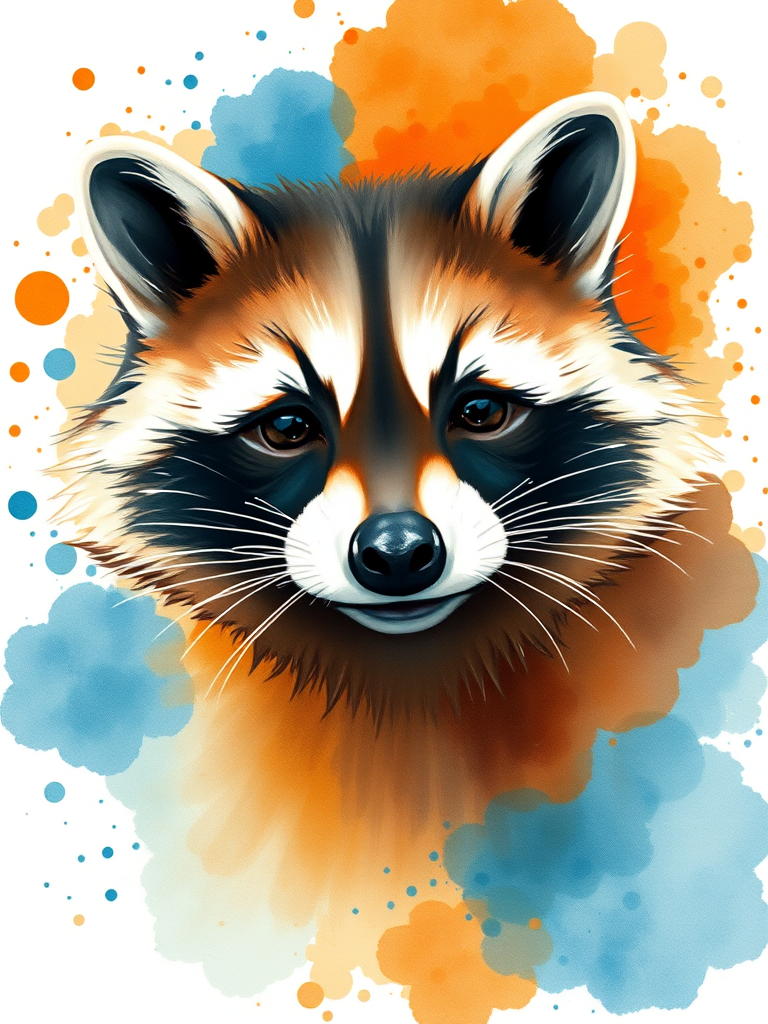 Create a watercolor-style illustration of a raccoon with vibrant splashes of orange and blue around it, captured with a Canon EOS R5, 50mm lens, f/2.8 aperture, ISO 100, natural light, shallow depth of field, focusing on the raccoon's face.