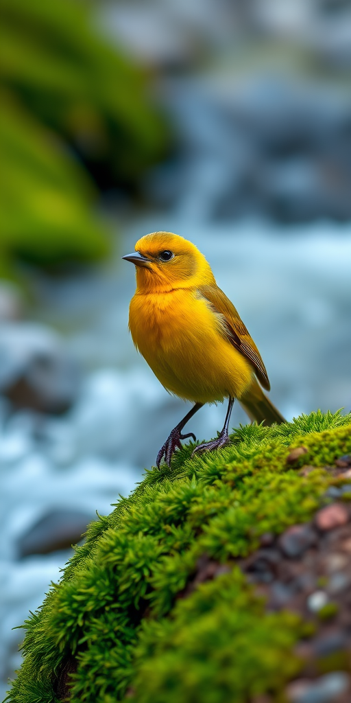 A vibrant yellow bird perched on moss near a flowing stream, captured with a Canon EOS R5, 85mm lens, f/2.8 aperture, ISO 100, in natural light with a shallow depth of field for a soft background blur.
