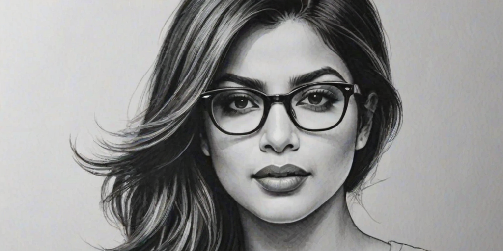 Appealing Priyanka Chopra, pencil sketch, portrait of Pleasing woman 1975s in glasses, hair style beatnik, outline, clear lines, fine lines, 8k