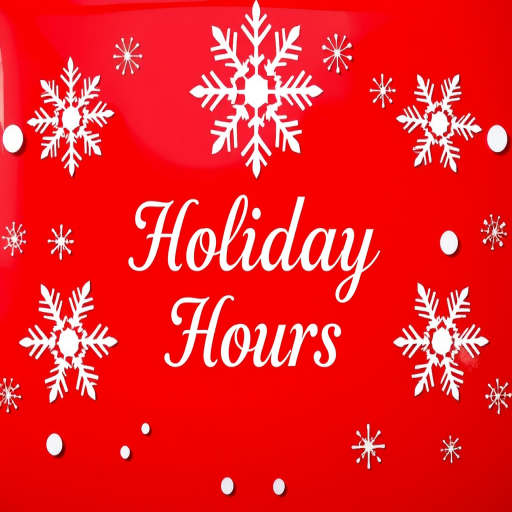 Create an image featuring a red background with a glossy finish, displaying elegant white snowflakes and circles, with the text "Holiday Hours" in an ornate script font, using a DSLR camera with a 50mm lens, aperture set to f/1.8, shutter speed of 1/200s, and ISO 100 for vibrant color and depth of field.