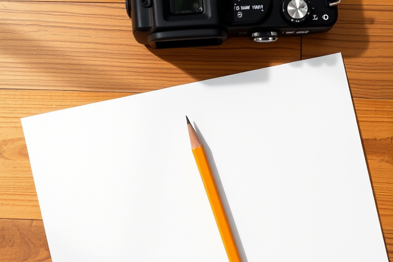 Create a high-resolution image of a blank sheet of paper with a pencil resting on top, captured with a 50mm lens, f/1.8 aperture, ISO 100, in natural light from a top-down perspective using a DSLR camera.