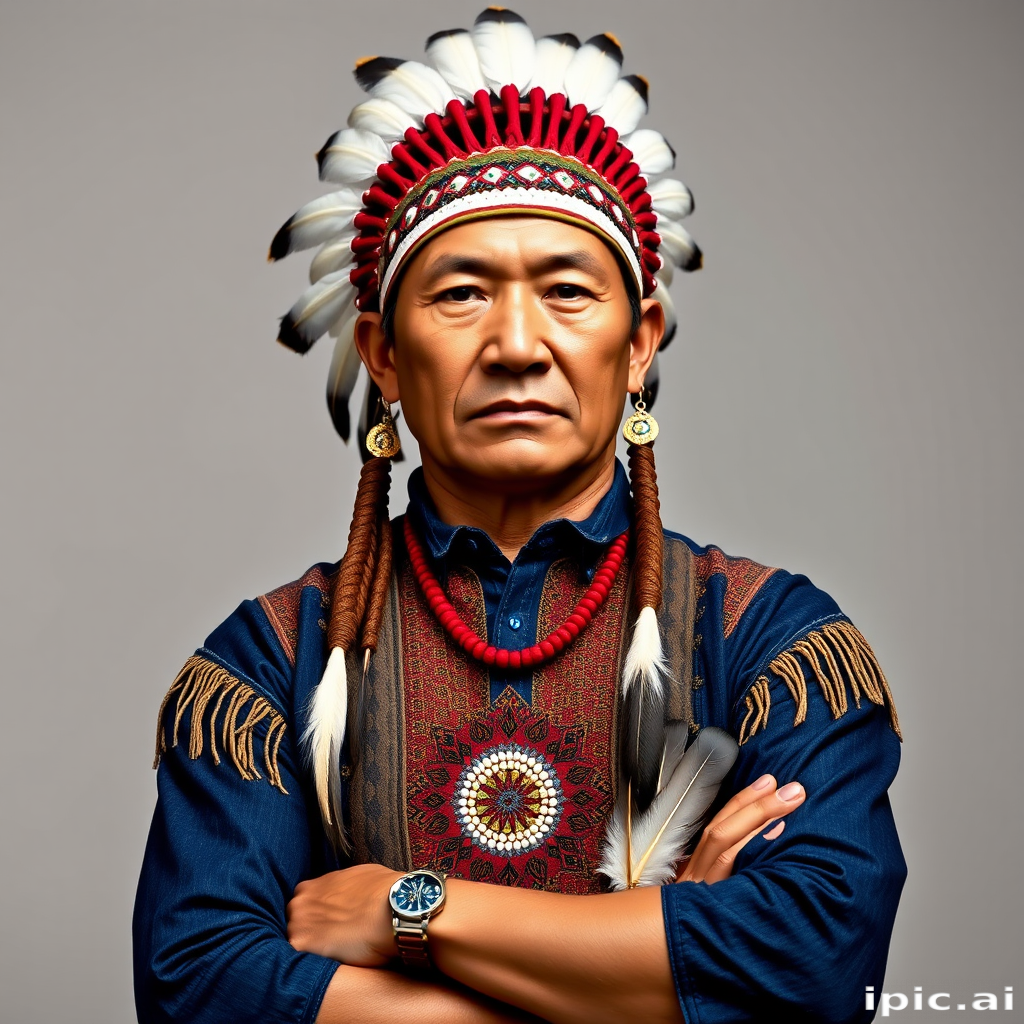 Create a dignified portrait of a Native American man dressed in traditional attire. He wears a beautifully crafted headdress adorned with white feathers and red beads, along with a beaded headband featuring intricate patterns. His clothing includes a deep blue, patterned shirt and a traditional chest piece with detailed beadwork. His arms are crossed, displaying leather armbands decorated with feathers. The background is simple and neutral, emphasizing his proud and stoic expression. The overall image captures the rich cultural heritage and strength of his persona.