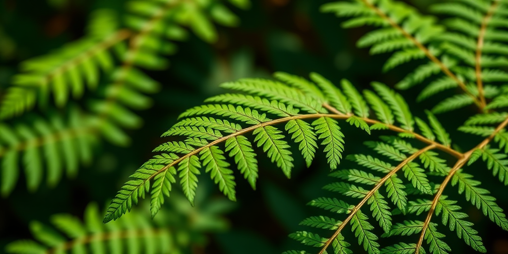 Create a high-resolution image of a lush green fern leaf, portrait orientation, with a shallow depth of field, using a DSLR camera, f-stop at 2.8, ISO 100, focal length of 50mm, natural sunlight for lighting.