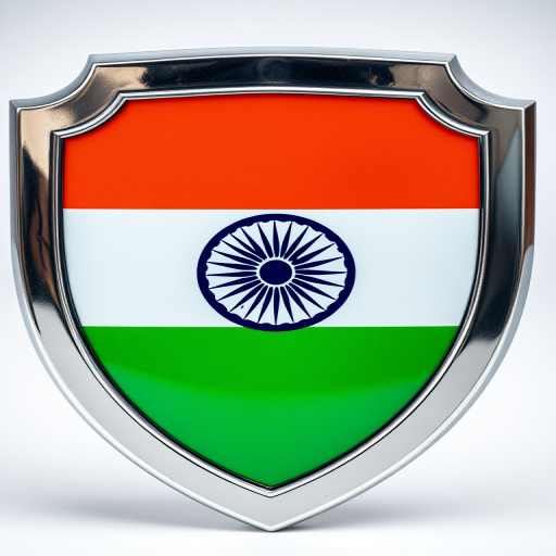 Create a high-resolution image of a shield emblem featuring the Indian flag with a silver border, using a DSLR camera at f/8, ISO 100, 1/125 sec, shot from a front view with a shallow depth of field for enhanced detail.