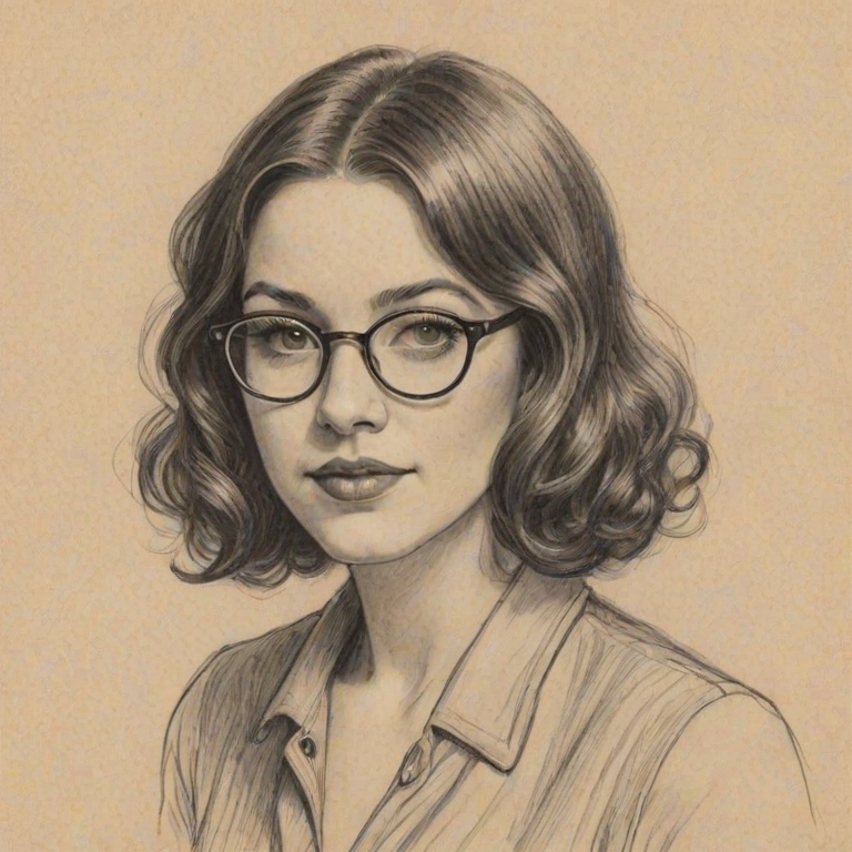 Delightful Jillian Rose Reed, pencil sketch, portrait of Pleasing woman 1924s in glasses, hair style beatnik, outline, clear lines, fine lines, 8k