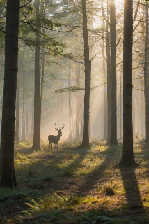 Soft-focus image of a misty forest at dawn, with soft rays of sunlight breaking through the trees and casting long shadows on the forest floor, a deer barely visible in the distance.