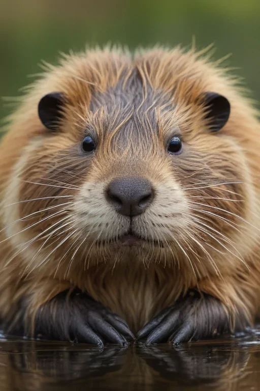 A Curious Beaver Peeking from the Water with Whiskers and Fur