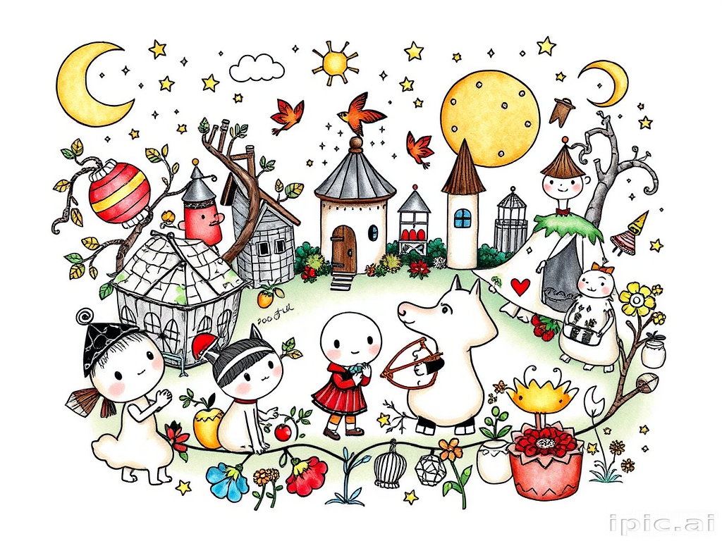 Illustrative tattoo design titled "Storybook Whimsy" featuring whimsical characters and scenes reminiscent of children's book illustrations with a mix of color and black linework