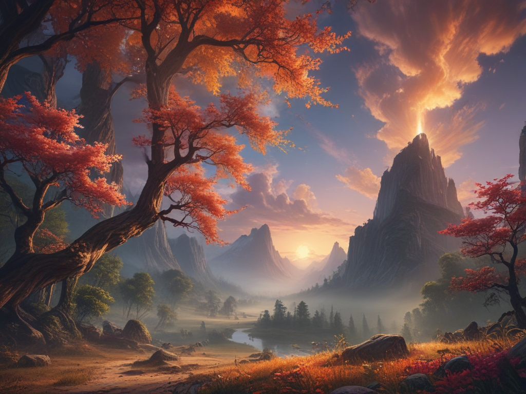 Serene Autumn Landscape with Majestic Mountains and Vibrant Sunset Sky