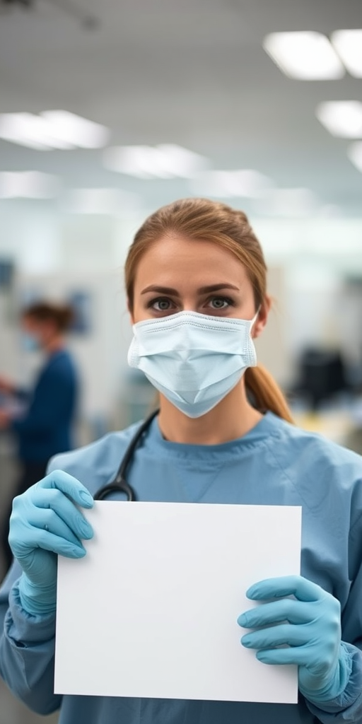 Create an image of a medical professional wearing a mask and gloves, holding a blank canvas in a laboratory setting with blurred other professionals in the background, using a DSLR camera with a 50mm lens, f/2.8 aperture, ISO 200, and a shallow depth of field to enhance focus on the subject.