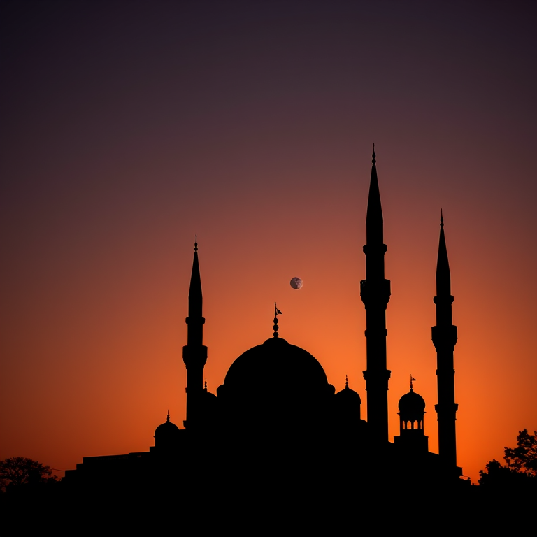 Create a silhouette of a mosque with multiple minarets against a sunset with a large moon, use a Canon EOS 5D Mark IV, 50mm lens, f/8 aperture, ISO 100, 1/125 sec shutter speed, focus on the foreground silhouette and ensure a smooth gradient in the background sky.