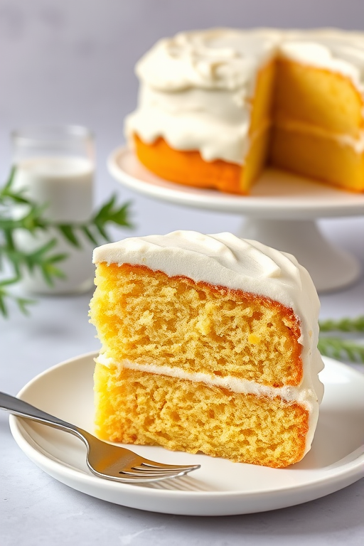 A slice of moist yellow cake with creamy white frosting served on a white plate with a fork beside it the background features a partially visible whole cake on a cake stand and some greenery for decoration