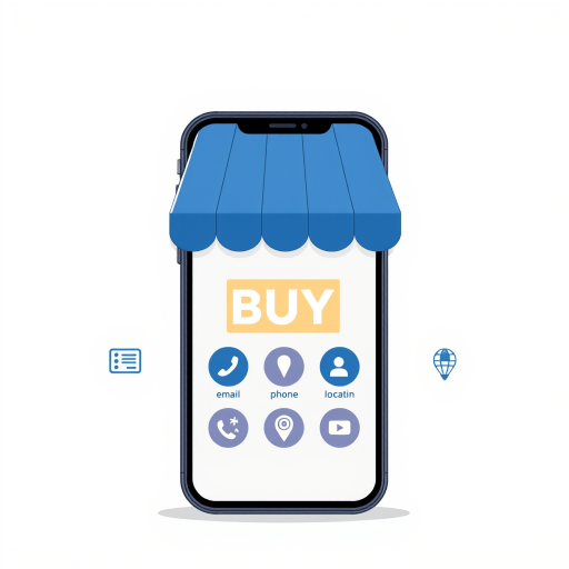 Create a high-quality digital illustration of a smartphone with a shop awning, featuring the word "BUY" on the screen, accompanied by four circular icons representing contact methods: email, phone, location, and social media, use a clean and minimalistic style, shot with a wide-angle lens at f/8, ISO 100, 1/125s, in bright, even lighting.