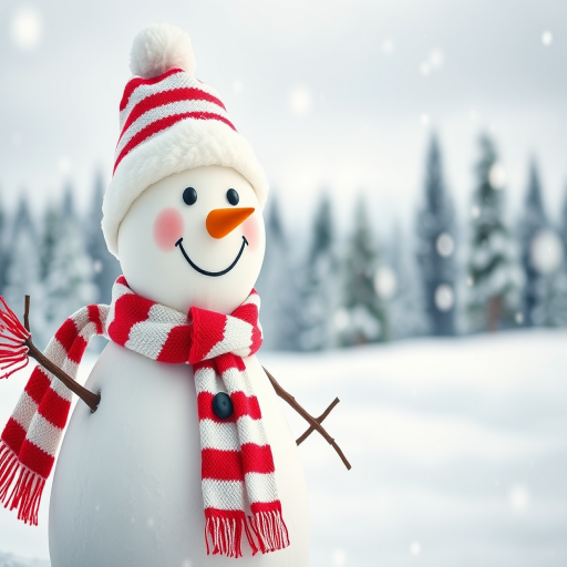 Create a winter scene featuring a cheerful snowman with a red and white striped scarf and matching hat. The background should be a soft, snowy landscape with a blurred effect of falling snowflakes. Include a serene forest of evergreen trees in the distance, adding to the tranquil atmosphere.