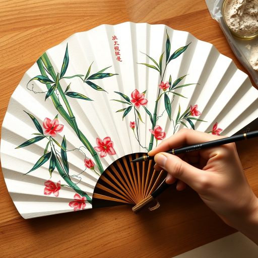 create a detailed painting of bamboo and flowers on a traditional fan shape, using soft watercolor techniques and natural colors, captured with a DSLR camera at f/2.8 aperture, ISO 100, 50mm lens, in a soft diffused light setting to enhance the texture and vibrancy of the artwork