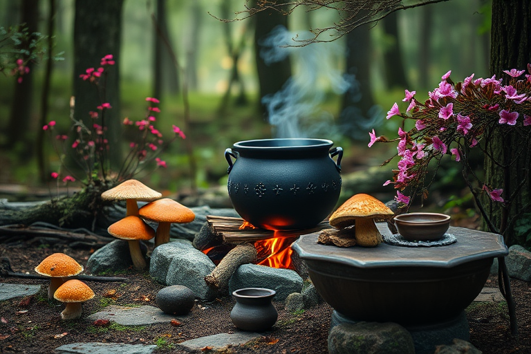A mystical forest scene featuring a simmering cauldron over a fire, surrounded by vibrant mushrooms, a stone table with herbal ingredients, and pink flowering bushes, captured in soft focus with a Canon EOS 5D Mark IV, 35mm lens, f/2.8 aperture, ISO 100, and a long exposure to enhance the ethereal atmosphere.