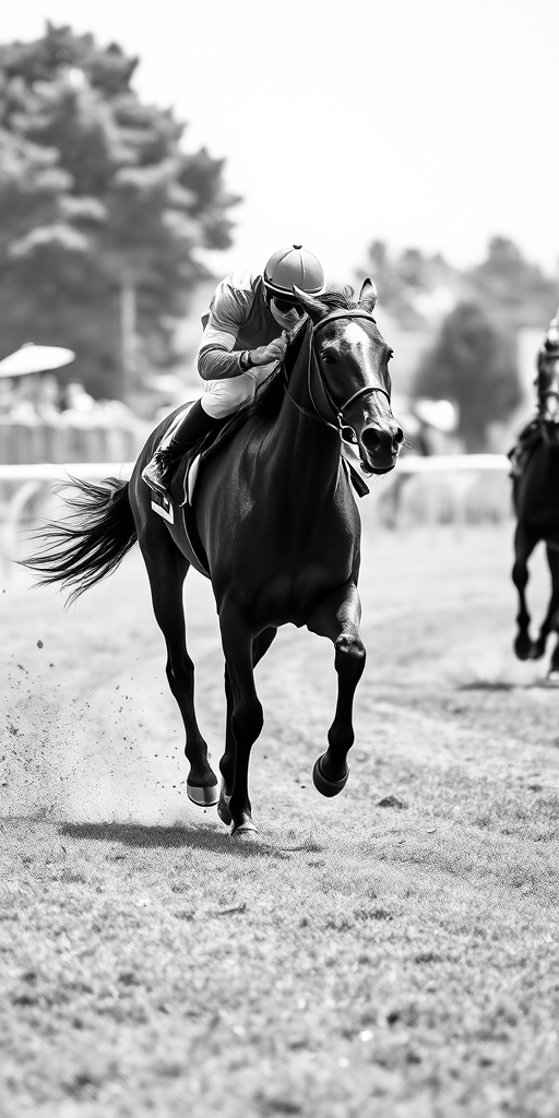 A galloping racehorse with a jockey in black and white, captured with a Canon EOS R6, 85mm f/1.4 lens, ISO 100, shutter speed 1/2000s, aperture f/2.8, in natural light, shallow depth of field to highlight the horse and rider while softly blurring the background.