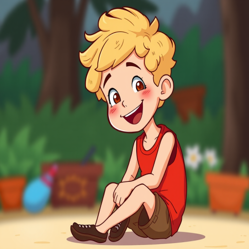 Create a cartoon-style illustration of a cheerful boy with curly blonde hair sitting down, wearing a red sleeveless shirt and brown shorts, focus on bright colors and clear outlines, shot with a Canon EOS R5 at f/2.8, 50mm lens, soft focus background for depth.