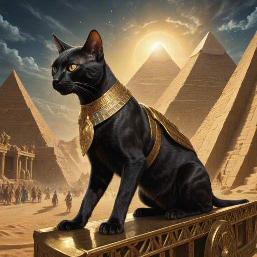 award winning digital illustration, surrealism, closeup sideview of a (ruthless black Egyptian Pharaoh cat:1.25) riding a golden chariot in an ancient pyramid city, exuding authority and dominance over terrified human slaves in the background, rich dramatic lighting, gleaming mirrored reflections, intricate textures, glowing dust, god rays,  highly detailed art <lora:MJ52:0.8> <lora:add-detail-xl:0.8>