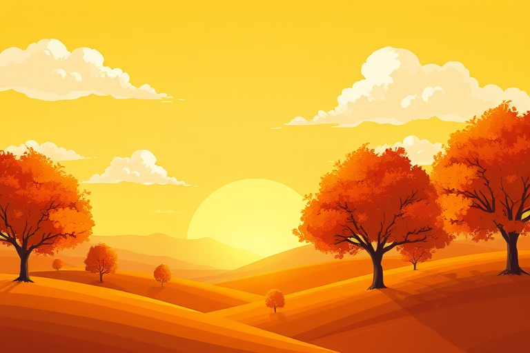Create a vibrant digital illustration of a sunset landscape featuring stylized orange trees with autumn leaves on rolling hills, bright yellow sky with fluffy white clouds, high resolution 300 DPI, using a Canon EOS R5 with a 50mm lens, f/2.8 aperture, soft focus background to enhance depth.