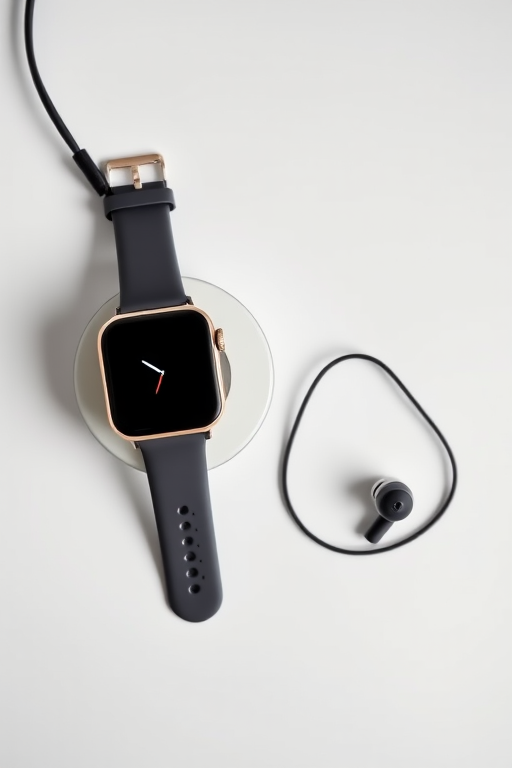 High-resolution product shot of a smartwatch charging with earbuds, top-down view, 50mm lens, f/2.8 aperture, 1/60s shutter speed, ISO 100, soft diffused lighting to eliminate shadows, studio setting.
