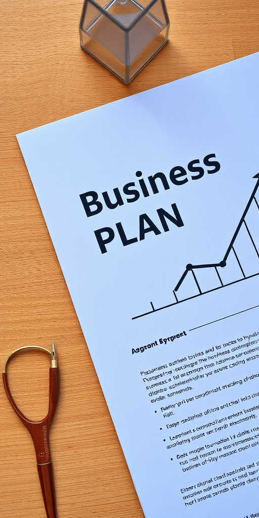 Create an image of a blue business plan document with a graph illustration in the corner, captured with a DSLR camera at f/8 aperture, 50mm lens, ISO 100, natural lighting, top-down view for clarity and depth.
