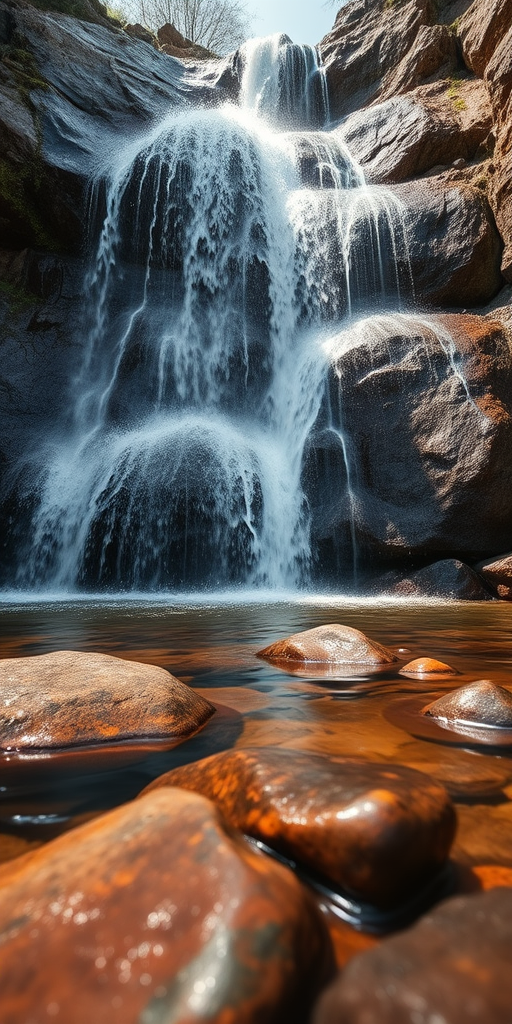 Waterfall cascading over rocks, high-resolution, f/8 aperture, 1/250 s shutter speed, ISO 100, wide-angle lens, DSLR camera, natural lighting, foreground emphasis on rocks and water reflections, vivid colors, sharp detail.