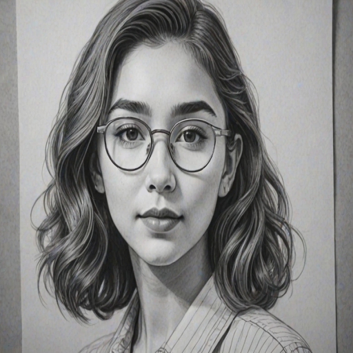 Bewitching Rowan Blanchard, pencil sketch, portrait of Magnificent woman 1944s in glasses, hair style beatnik, outline, clear lines, fine lines, 8k
