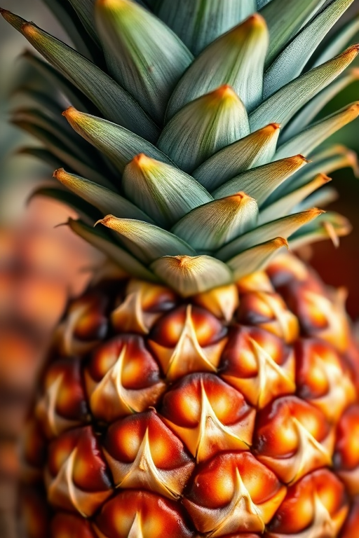 high-resolution close-up of a ripe pineapple with vibrant colors, soft natural lighting, shallow depth of field, ISO 100, f/2.8, shot with a DSLR camera in portrait orientation