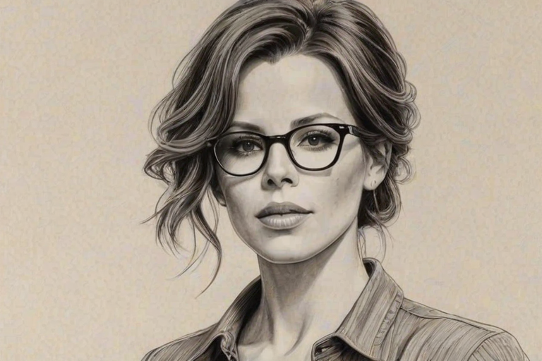 Charming Kate Beckinsale, pencil sketch, portrait of Comely woman 1923s in glasses, hair style beatnik, outline, clear lines, fine lines, 8k
