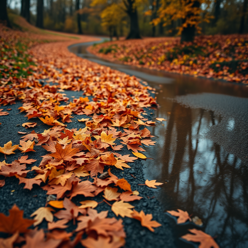 Autumn landscape with vibrant orange and red leaves scattered on a winding path beside a reflective puddle, photographed with a Canon EOS R5, ISO 100, f/2.8, shutter speed 1/60 sec, using a 24-70mm lens at a low angle perspective for depth and clarity.