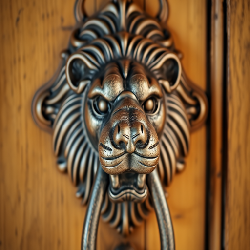 A close-up shot of an ornate lion head door knocker, captured with a DSLR camera at f/2.8 aperture, ISO 100, shutter speed 1/200s, using a macro lens, with natural lighting to enhance texture and detail.