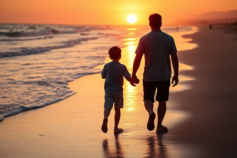 Capture a serene moment of a father and son walking hand in hand along a sunlit beach during sunset, with waves gently lapping at their feet, using a Canon EOS R5, 50mm f/1.8 lens, ISO 100, aperture f/2.8, shutter speed 1/200 sec, natural light with a warm color palette for a soft, dreamy effect.