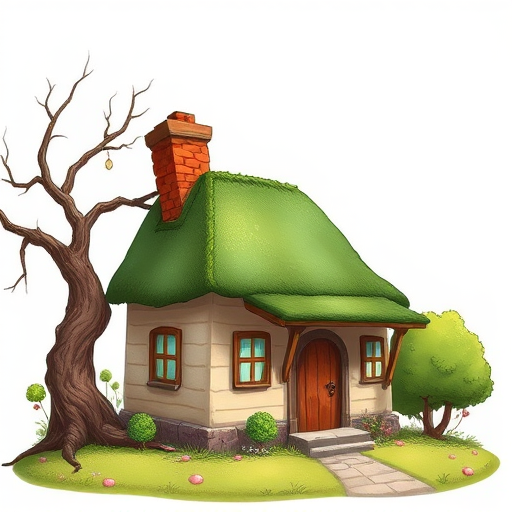 A whimsical illustration of a small, charming cottage with a green roof, leaning chimney, and a barren, twisted tree beside it, captured in high definition with a 50mm lens, f/2.8 aperture, ISO 100, using a digital DSLR camera, in a bright daylight setting.