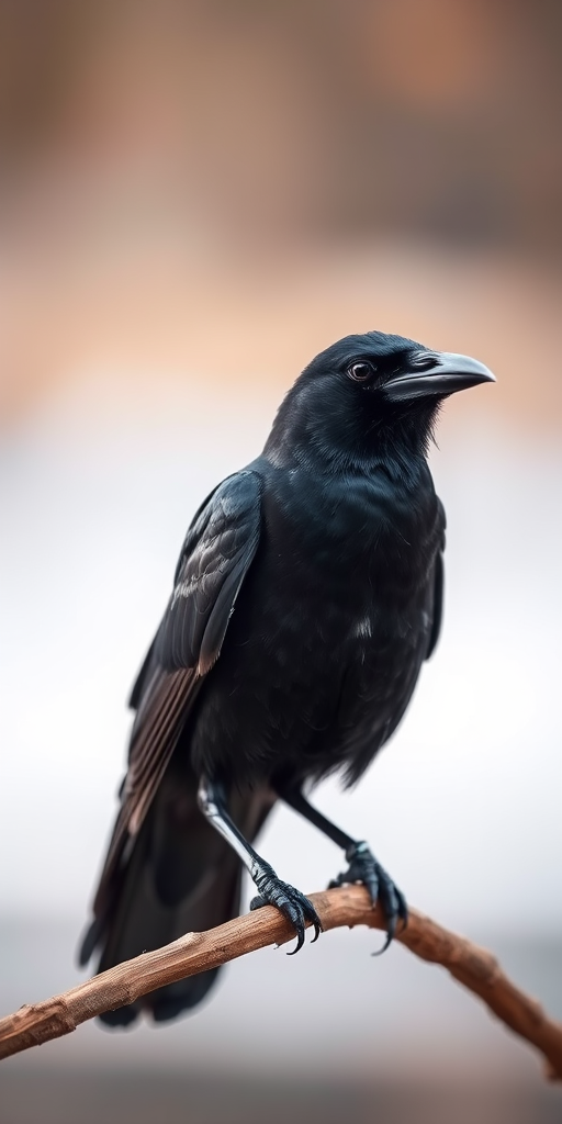 Capture a close-up of a perched crow, shallow depth of field, soft bokeh background, use a 50mm lens at f/1.8, ISO 200, natural light, DSLR camera, focus on the bird's texture and detail.