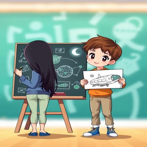 Create a high-resolution illustration of two cartoon characters: one is a woman with long black hair wearing a blue sweater and light green pants drawing on a blackboard with space-themed images, while the other is a young man with brown hair holding a drawing of a spaceship, set against a blurred abstract teal background, captured with a DSLR camera at f/2.8 aperture, 1/125 sec shutter speed, ISO 100, in a wide-angle view to enhance depth and detail.
