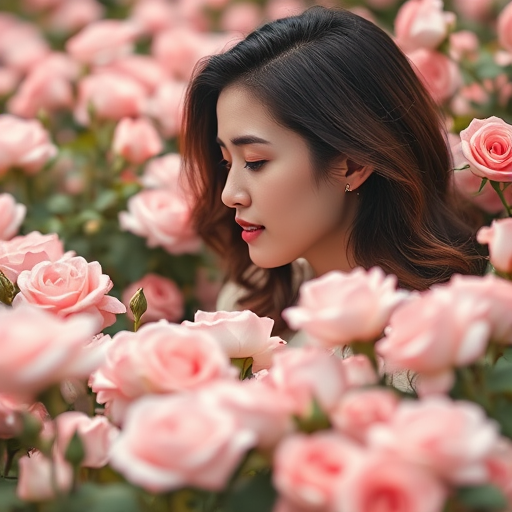 Create a serene portrait of a woman immersed in a sea of pink roses, soft natural lighting, shallow depth of field, ISO 100, f/2.8 aperture, 50mm lens, shot from a slightly elevated angle to capture the contrast between her profile and the flowers.