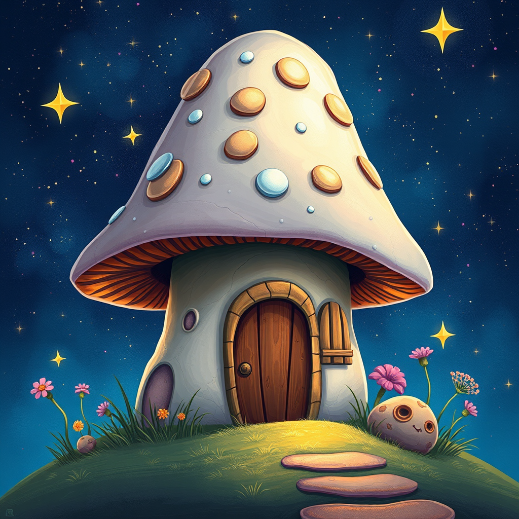 this image is illustration of a mushroom house with a door and a window, a storybook , fantasy art, mushroom house, bg starry sky, sparkles