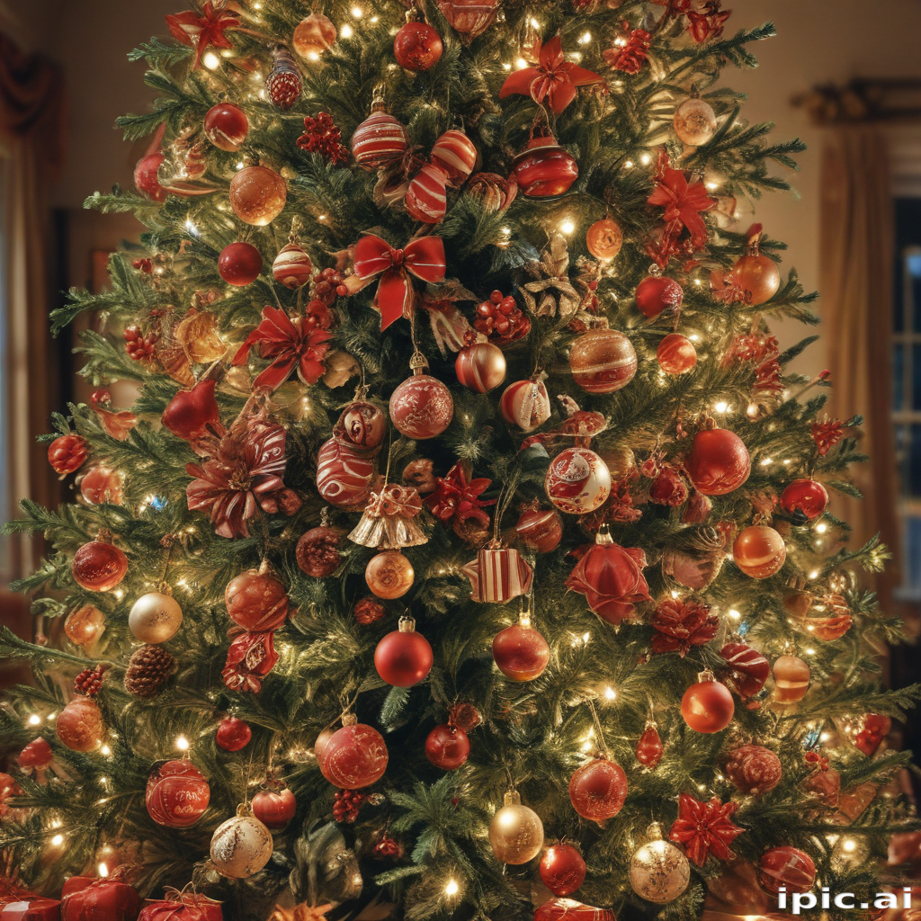 Festively Adorned Christmas Tree Covered in Beautiful Red and Gold ...