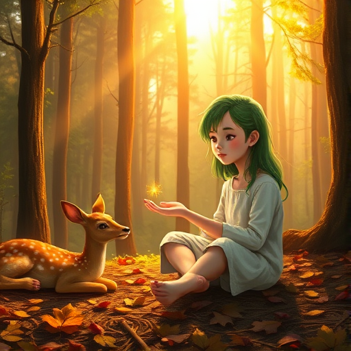 A luminous digital painting of a serene forest scene featuring a barefoot young female, about 7 years old, with green hair and fair skin, dressed in a simple white outfit. He sits cross-legged on the forest floor, gazing at a small, glowing, magical firefly in his hand. Beside him, a delicate spotted deer lies calmly on a bed of dried leaves, observing the scene. The dense forest is bathed in warm, golden light filtering through the trees, creating a peaceful, magical atmosphere with a blend of natural and mystical elements.