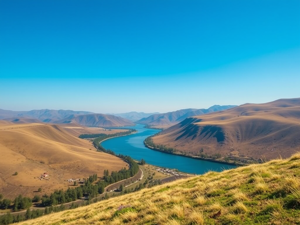 create a detailed and vibrant image of a picturesque landscape featuring rolling hills, a clear blue sky, and a serene river flowing through the scene, shot with a Canon EOS 5D Mark IV camera, using a 24-70mm f/2.8 lens, at ISO 100, aperture f/8, shutter speed 1/250s, in natural lighting for enhanced clarity and depth.