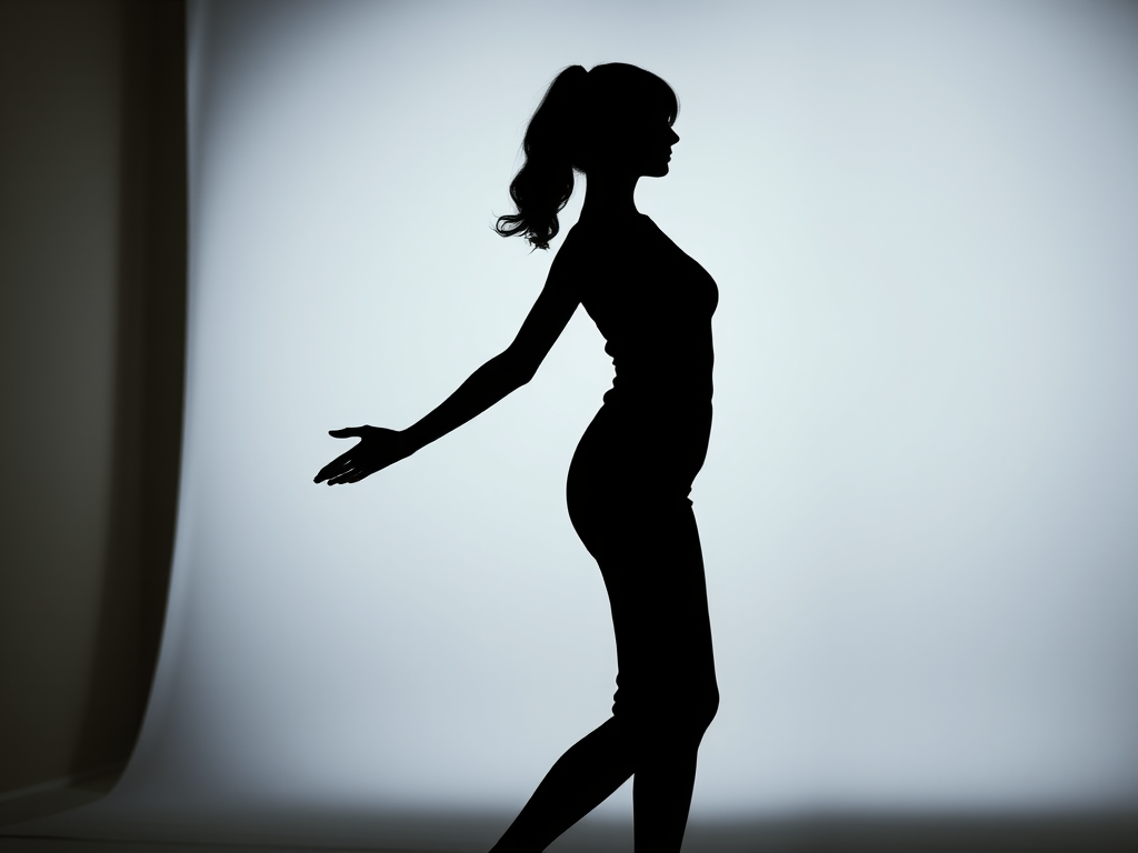 Create a silhouette of a tall, graceful figure with arms slightly outstretched, captured with a Canon EOS R5, 50mm lens, f/1.8 aperture, ISO 100, in a well-lit studio setting with soft lighting to enhance contrast and detail.