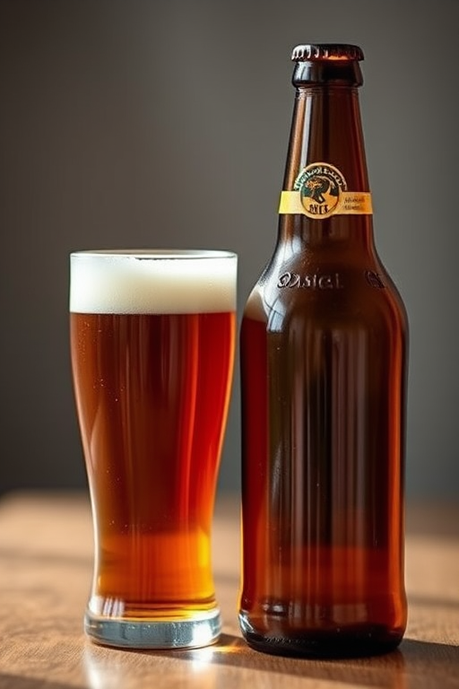 Generate an image of a brown glass beer bottle next to a filled beer glass, captured with a DSLR camera at f/2.8 aperture, 50mm lens, in a soft-focus style with natural lighting for enhanced clarity and detail.