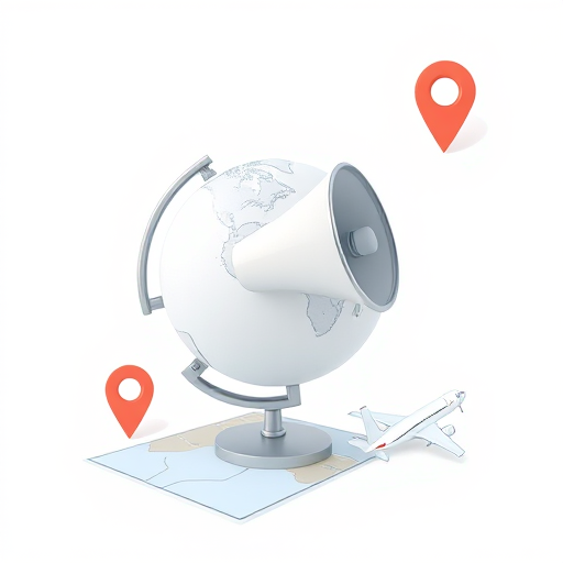 Create an image featuring a globe, a megaphone, a map, a location pin, and an airplane icon with a clean design on a white background, shot with a DSLR camera, aperture f/4, ISO 100, and a focal length of 50mm for enhanced detail and clarity.