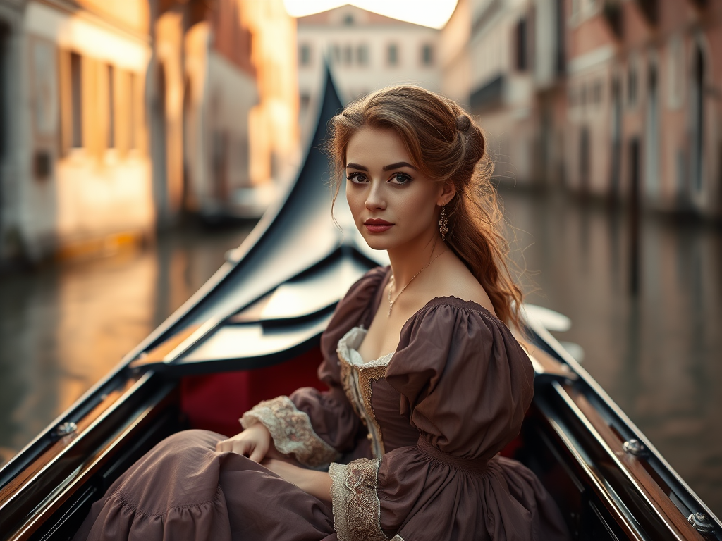 portrait of a woman in an elegant historical dress sitting in a gondola on a serene canal, soft golden hour lighting, depth of field focused on the subject, Canon EOS R5, 50mm f/1.2, ISO 100, shutter speed 1/125s, matte finish with rich color tones