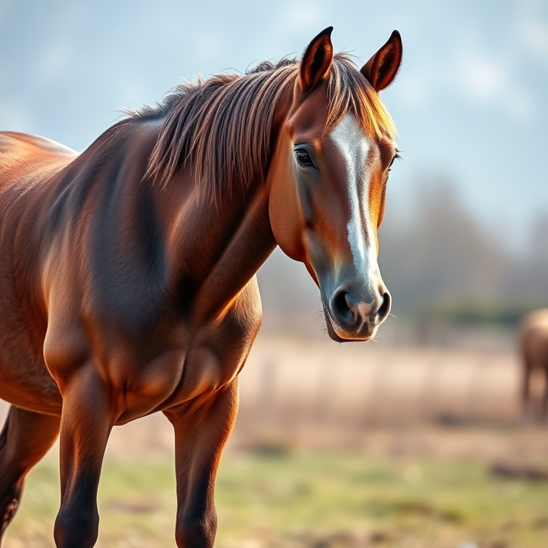 Create a high-resolution image of a standing horse with detailed fur textures, using a 50mm lens, aperture f/2.8, ISO 100, natural lighting, taken from a slightly low angle for a majestic perspective, in a digital format.
