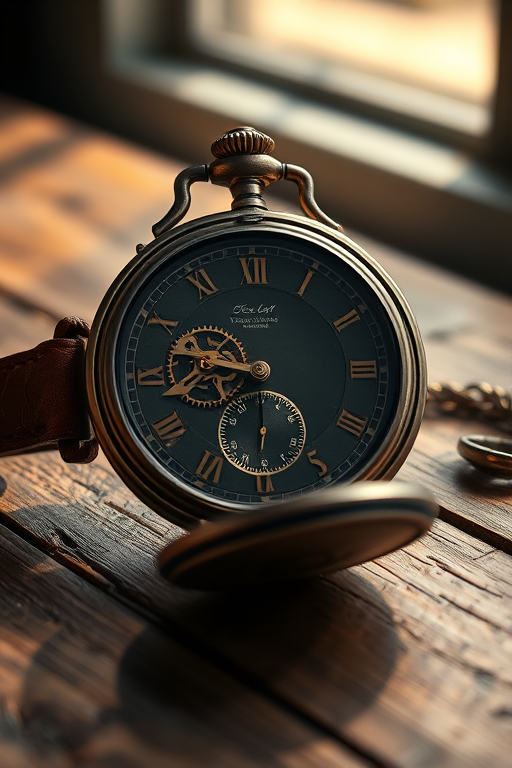 Sharp, detailed close-up of a vintage pocket watch lying open on a rustic wooden table, soft afternoon light illuminating the intricate gears and worn leather strap, with a faint ticking sound almost audible.