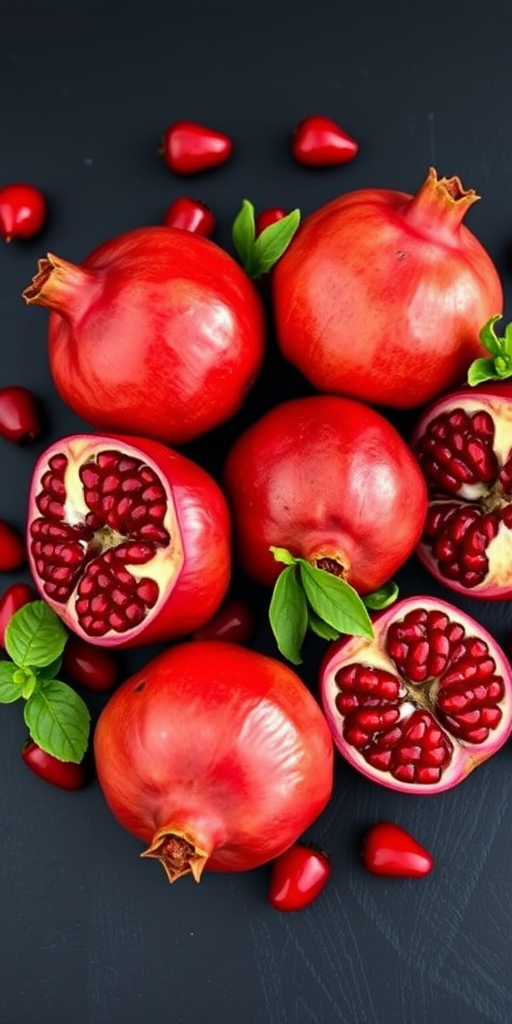 create an image of fresh pomegranates arranged on a black surface, using a DSLR camera with a 50mm lens, aperture set to f/2.8, ISO 100, and natural light to enhance color vibrancy and detail.