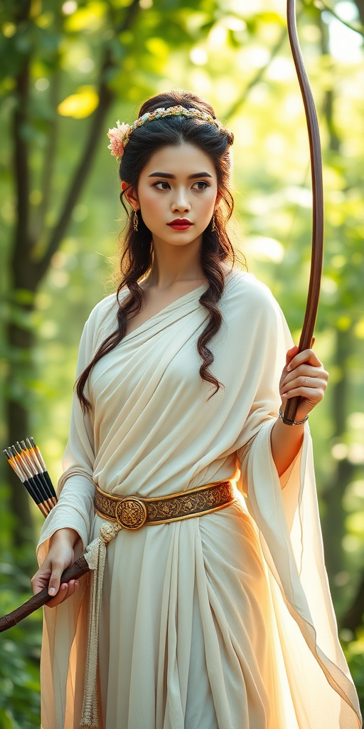 Create a portrait of a goddess-like Tibetan girl figure in a tranquil, forested environment. She has an elegant appearance with long, wavy hair styled in an updo and adorned with a delicate, floral headband. She wears a flowing, ancient Greek-inspired gown in a soft, pale color, featuring a one-shoulder design and draped fabric that accentuates her graceful form. The outfit includes a decorative belt with ornate gold detailing, and she holds a bow in her hand, with a quiver of arrows slung over her shoulder. The background depicts lush greenery, with sunlight filtering through the trees, casting a gentle, ethereal light on the scene. Her expression is calm and contemplative, embodying a sense of wisdom and serenity.